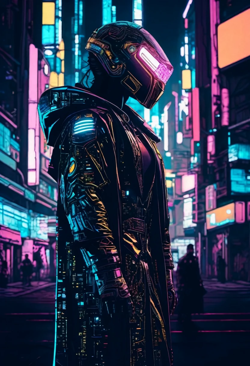 (best quality:1.3), (The best show:1.2), (Best Illustration Award:1.2), (Comic Style:1.2), (art film lighting:1.2) (1 person) Wearing futuristic electronic robe cyberpunk technology, His body was covered with metal parts, With horror as the background,In the cyberpunk city of the future, (Wearing a tech electronic helmet:1.2)