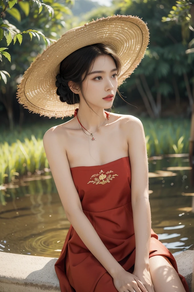 (((best quality))),(((ultra detailed))),(((masterpiece))),illustration,1 beautiful girl,slim,straw hat,shiny skin,dark Bronze colored skin,sweat,wet,flat chest,short Embroidered red cheongsam,bare arms,sitting in the Paddy pool filled with Rice seedlings,upper body,elegant, clear sky, sunlight, dreamy, contrast, natural,Chinese rural landscape,The body below the neck is in water