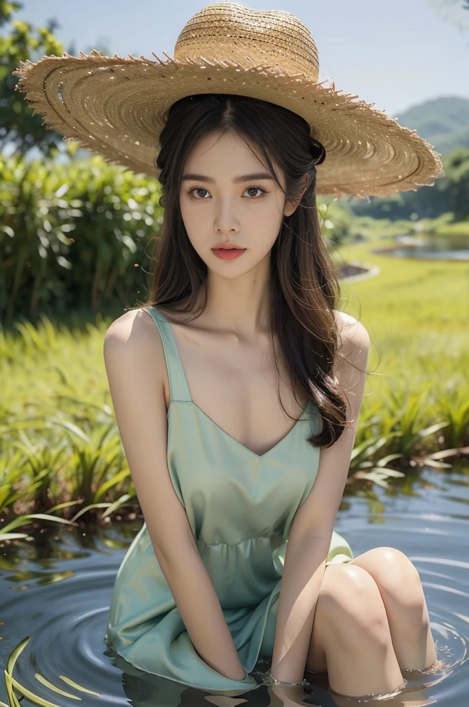 (((best quality))),(((ultra detailed))),(((masterpiece))),illustration,1 beautiful girl,slim,straw hat,shiny skin,dark Bronze colored skin,sweat,wet,flat chest,short Embroidered red cheongsam,bare arms,sitting in the Paddy pool filled with Rice seedlings,upper body,elegant, clear sky, sunlight, dreamy, contrast, natural,Chinese rural landscape,The body below the neck is in water