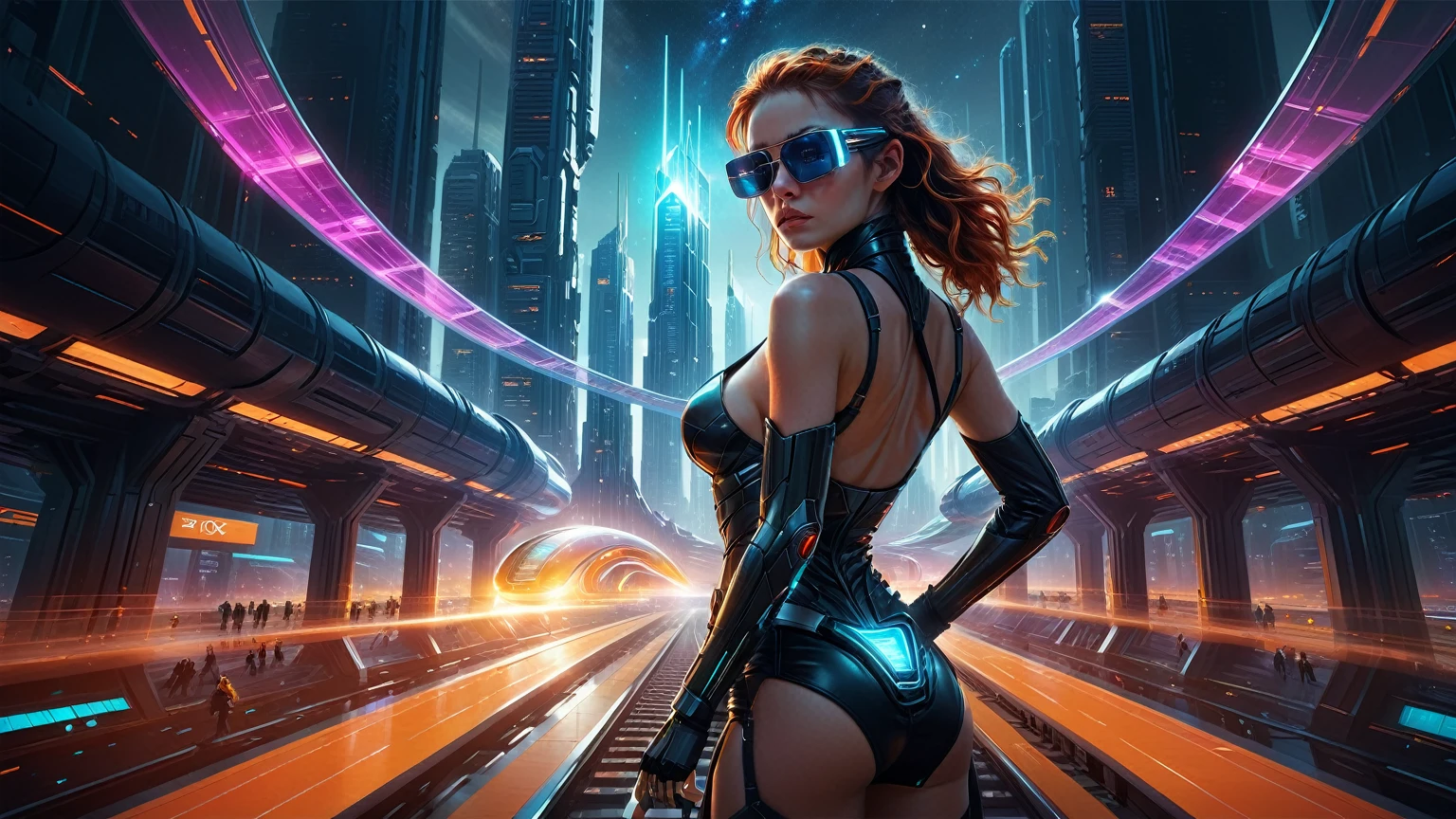 Brightly colored abstract aerial view image of a (((((futuristic railway station))))) with a spiral, a (((futuristic all-glass train))) passing by, epic beautiful space sci-fi, chaotic cinematic space rift, Greg Beeple, planets colliding, Beeple and Tim Hildebrandt, Beeple and Jean Giraud, end of the universe, (((giant glass lion sculpture))), galaxy space sci-fi, ringworld, by Mike "Beeple" Winkelmann. Matrix style, (((Matrix cascading code))), (((a futuristic twin tower skyscraper with a unique twisted design))), (((OLED GUI interfaces in the building))), at night, (((((1girl, solo))))), photo realistic, (((((((large-breast:1.2 body, cleavage:1.4))))))), (((((off broken mini sling-shirt and black sling bra, extreamly short pleated miniskirt exposing panty))))), (((((running pose))))), (((((((matrix style black micro sunglasses))))))), ((((((((((aiming with a short gun)))))))))), (((((looking at camera))))), (((very low view))), (((((half-body thigh level medium shot))))), (((cinematic lighting))).