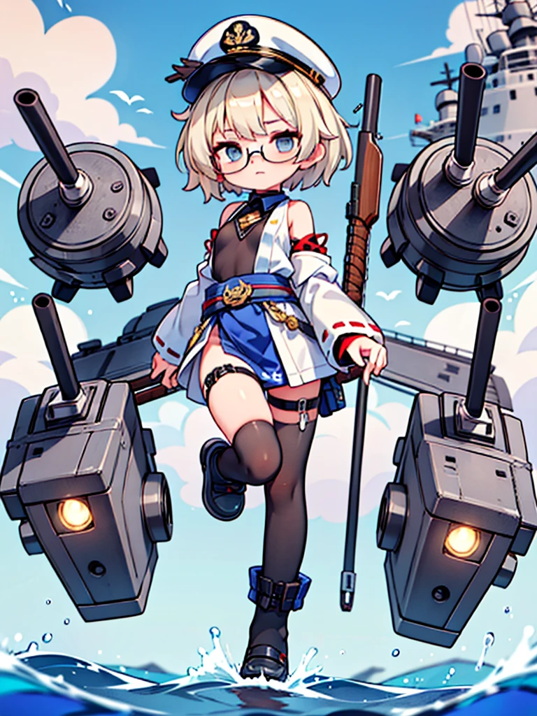 ((((Full body of a woman with perfect flat chest、solo、Short unkempt black hair、white military jacket、Miko costume、tights、Black glasses、White military cap、Cloudy eyes、Sleepy expression)))), (((masterpiece))), (((Shipgirl))), ((Floating on the morning sea with both feet)), (Spread your legs wide open), (Hold the turret with your right hand), (Mechanical arms extending from the waist are used to equip the ship with battleship equipment.), (Equipped with a turret on the back), (Holds the turret with his left arm), Shotgun shells are attached to the thigh with a belt, Spreading the Machine's Wings, Machine tail, shotgun,