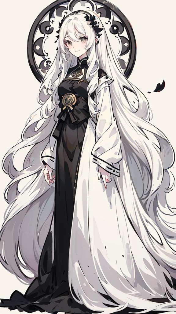 Woman , long wavy white hair, long wavy white hair , long wavy hair, long wavy hair, black siren eyes, black siren eyes, FOV, f1.8, masterpiece,black and white casual modern clothing, plain white colored background with black petals, black petals, close up, smiling, full body shot, full body
