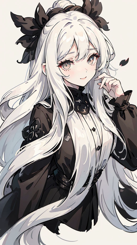 Woman , long wavy white hair, long wavy white hair , long wavy hair, long wavy hair, black siren eyes, black siren eyes, FOV, f1.8, masterpiece,black and white casual modern clothing, plain white colored background with black petals, black petals, close up, smiling, full body shot, full body