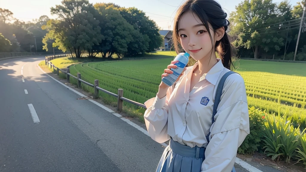 8K、RAW Photos、Highest quality、Super detailed、Super Resolution、Ultra HD、8K壁紙、Amazing details summer、evening、sunset、A rural road lined with rice fields、Paved roads、Woman walking on a country road、16 year old school girl in uniform、Drink water、School bag、Blue sky、Shining Sun、Water bottle、smile