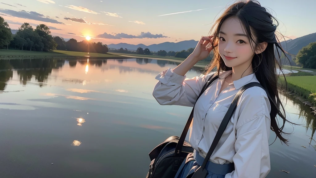 8K、RAW Photos、Highest quality、Super detailed、Super Resolution、Ultra HD、8K壁紙、Amazing details summer、evening、sunset、A rural road lined with rice fields、Paved roads、Woman walking on a country road、 school girl in uniform、Drink water、School bag、Blue sky、Shining Sun、Water bottle、smile