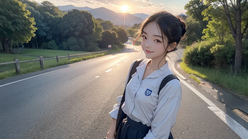 8K、RAW Photos、Highest quality、Super detailed、Super Resolution、Ultra HD、8K壁紙、Amazing details summer、evening、sunset、A rural road lined with rice fields、Paved roads、Woman walking on a country road、16 year old school girl in uniform、Drink water、School bag、Blue sky、Shining Sun、Water bottle、smile