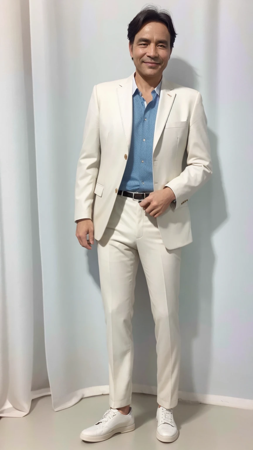50 years old man, Soft headlights,High-density imaging,(The face is clear and delicate),((White suit)),((Various dynamic poses)),((((Full body image)))),((White leather shoes)),((Smile)),((Background is white curtain)),best quality,masterpiece,(Soft colors:1.2)