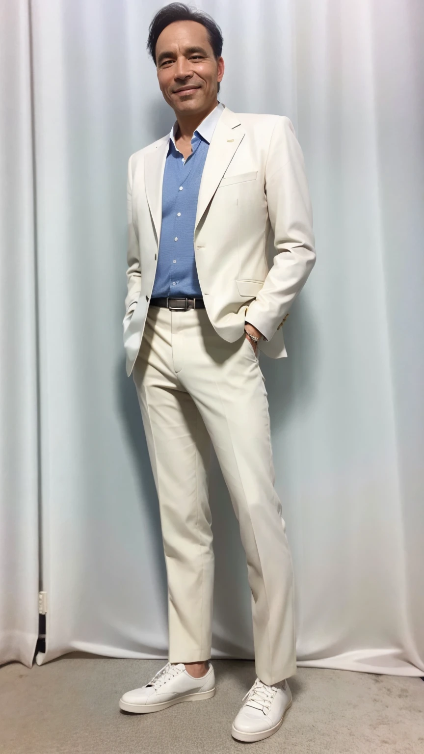 50 years old man, Soft headlights,High-density imaging,(The face is clear and delicate),((White suit)),((Various dynamic poses)),((((Full body image)))),((White leather shoes)),((Smile)),((Background is white curtain)),best quality,masterpiece,(Soft colors:1.2)