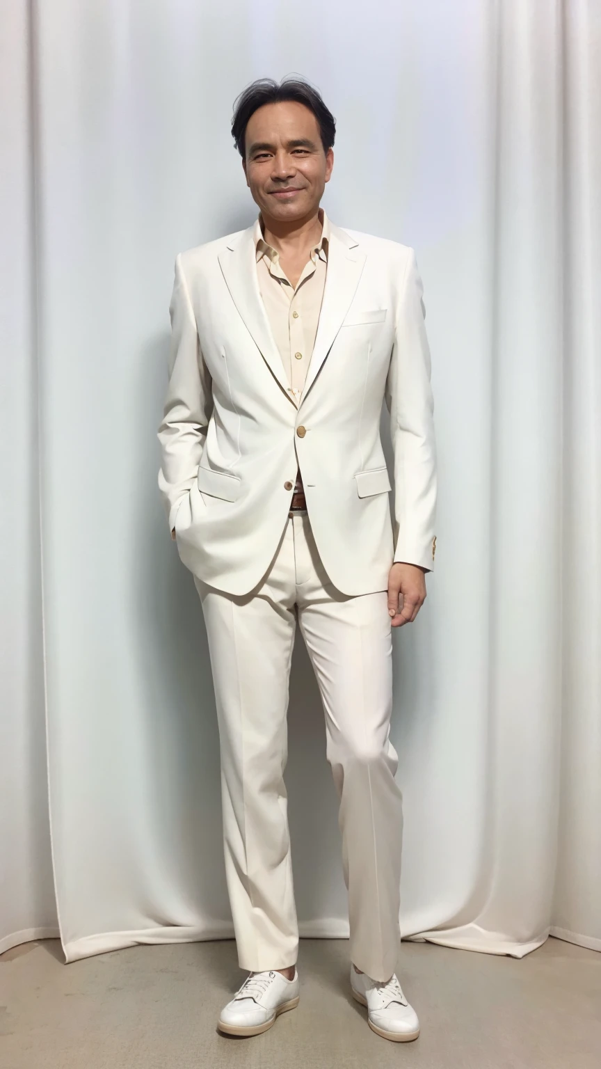 50 years old man， Soft headlights，High-density imaging，（The face is clear and delicate），((White suit))，((Various dynamic poses))，((((Full body image))))，((White leather shoes))，((Smile))，((Background is white curtain))，best quality，masterpiece，（Soft colors：1.2）