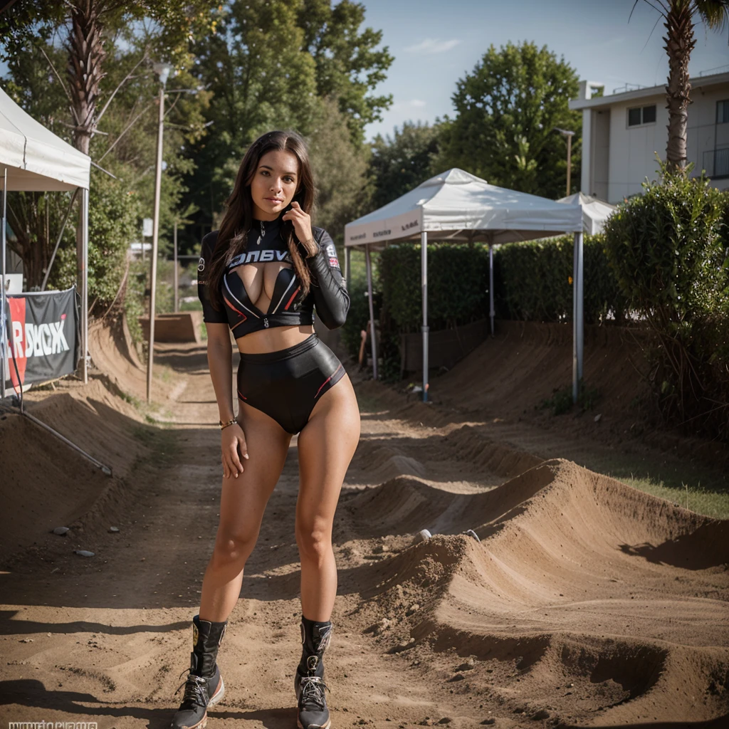 1girl in, 30 years old, Square face, Long hair, Looking at viewer, jewelry, Reality, Sexy, sexy racing outfit, motocross track, freestyle pose