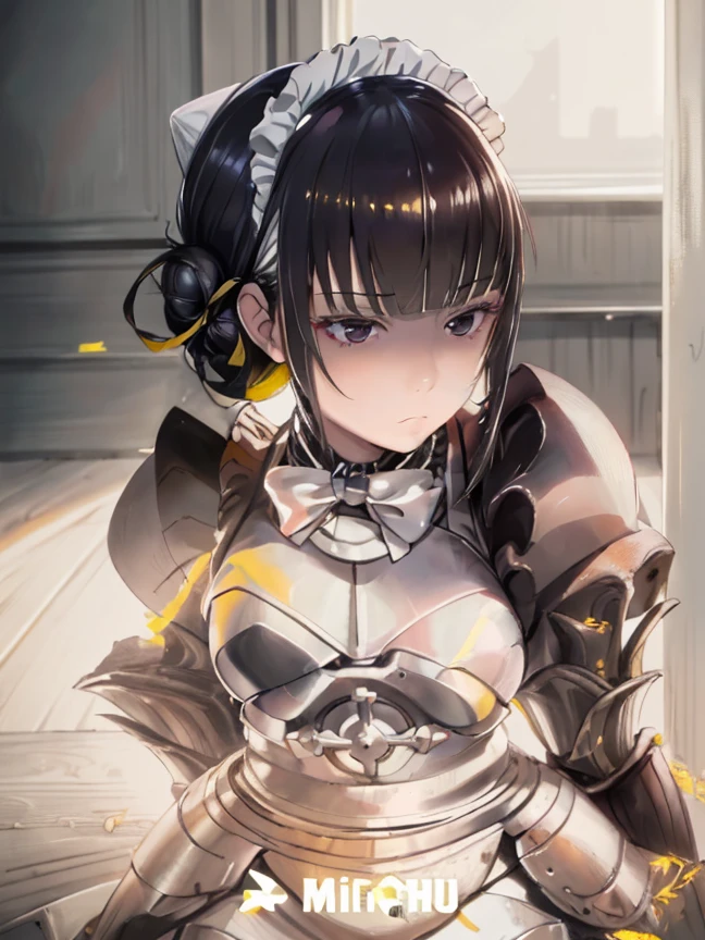 1girl, maid, solo, black hair, hands on hips, apron, maid headdress, single hair bun, black eyes, hair bun, looking at viewer, maid apron, yellow elements, (armor, armored dress,:1.1), emotionless, narberal_gamma,  highres, sharp focus, pixiv masterpiece, ((intricate details)), highly detailed,