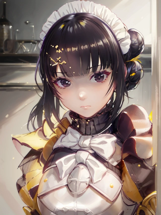 1girl, maid, solo, black hair, hands on hips, apron, maid headdress, single hair bun, black eyes, hair bun, looking at viewer, maid apron, yellow elements, (armor, armored dress,:1.1), emotionless, narberal_gamma,  highres, sharp focus, pixiv masterpiece, ((intricate details)), highly detailed,