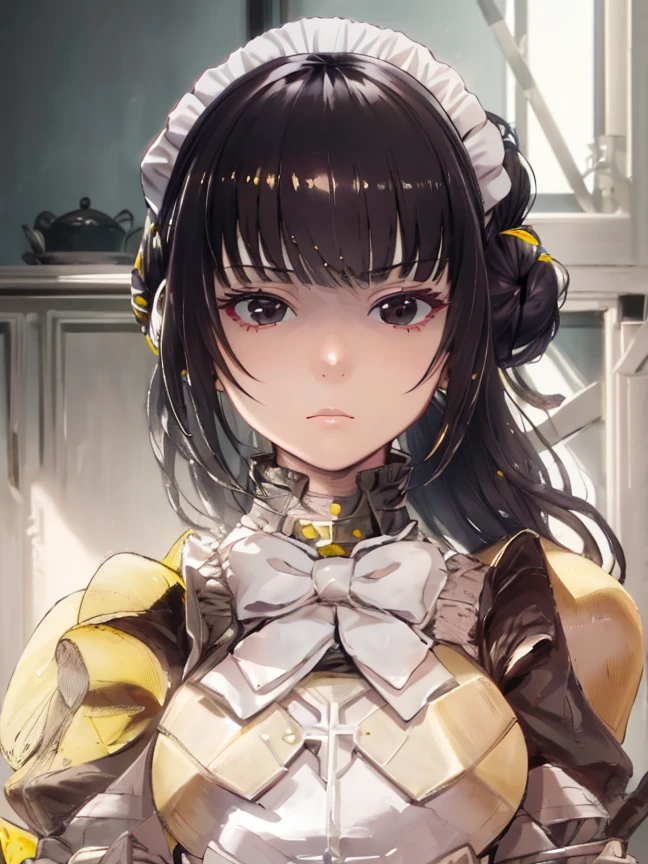 1girl, maid, solo, black hair, hands on hips, apron, maid headdress, single hair bun, black eyes, hair bun, looking at viewer, maid apron, yellow elements, (armor, armored dress,:1.1), emotionless, narberal_gamma,  highres, sharp focus, pixiv masterpiece, ((intricate details)), highly detailed,