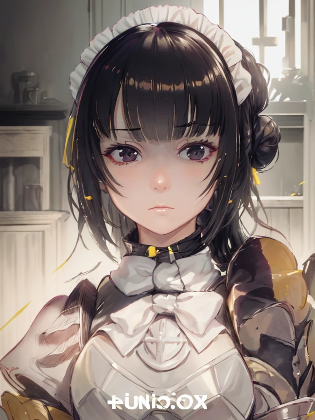 1girl, maid, solo, black hair, hands on hips, apron, maid headdress, single hair bun, black eyes, hair bun, looking at viewer, maid apron, yellow elements, (armor, armored dress,:1.1), emotionless, narberal_gamma,  highres, sharp focus, pixiv masterpiece, ((intricate details)), highly detailed,