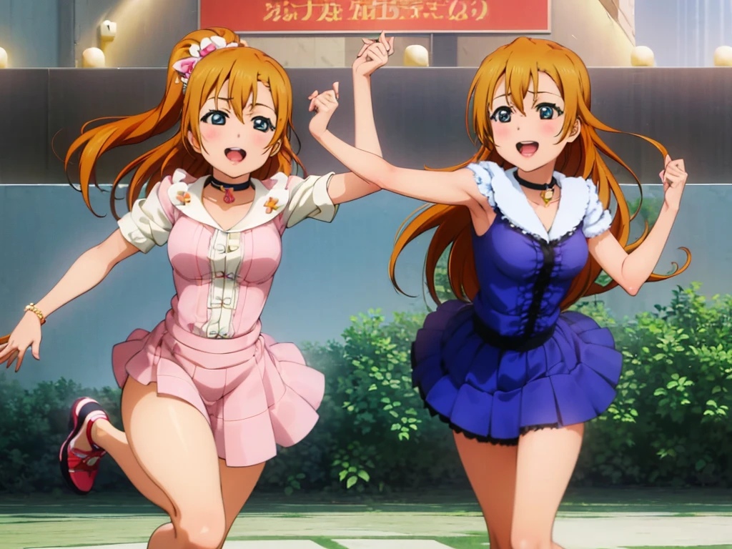 Masterpiece,best quality,Kousaka honoka, blue eyes, orange hair, looking_at_viewer, cowboy shot, cozy dress,in restaurant, cleavage , perfect shadow, beautiful,cozy, hand on hip,hip tilt,frilly , hand on chest