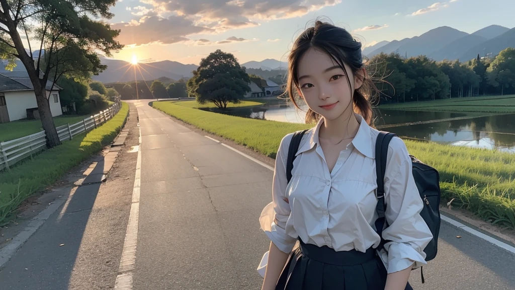 8K、RAW Photos、Highest quality、Super detailed、Super Resolution、Ultra HD、8K壁紙、Amazing details summer、evening、sunset、A rural road lined with rice fields、Paved roads、Woman walking on a country road、16 year old school girl in uniform、Drink water、School bag、Blue sky、Shining Sun、Water bottle、smile