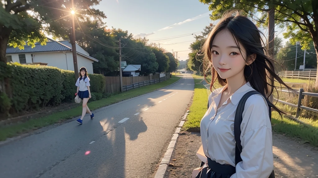 8K、RAW Photos、Highest quality、Super detailed、Super Resolution、Ultra HD、8K壁紙、Amazing details summer、evening、sunset、A rural road lined with rice fields、Paved roads、Woman walking on a country road、16 year old school girl in uniform、Drink water、School bag、Blue sky、Shining Sun、Water bottle、smile
