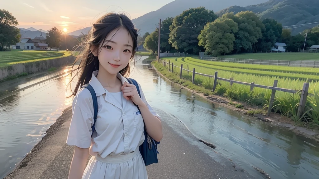 8K、RAW Photos、Highest quality、Super detailed、Super Resolution、Ultra HD、8K壁紙、Amazing details summer、evening、sunset、A rural road lined with rice fields、Paved roads、Woman walking on a country road、16 year old school girl in uniform、Drink water、School bag、Blue sky、Shining Sun、Water bottle、smile