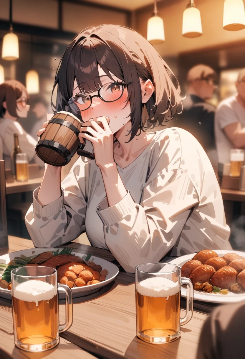 Japan girl 1, small breasts, flat, detailed background, depth of field, bokeh, Rough T-shirt and shorts, looking over here and smiling, chignon hair, round glasses, Ozashiki Izakaya, beer mug, French fries, fish fries, fried chicken, lemon sour, split seat, Drunk, slipping glasses, down blouse