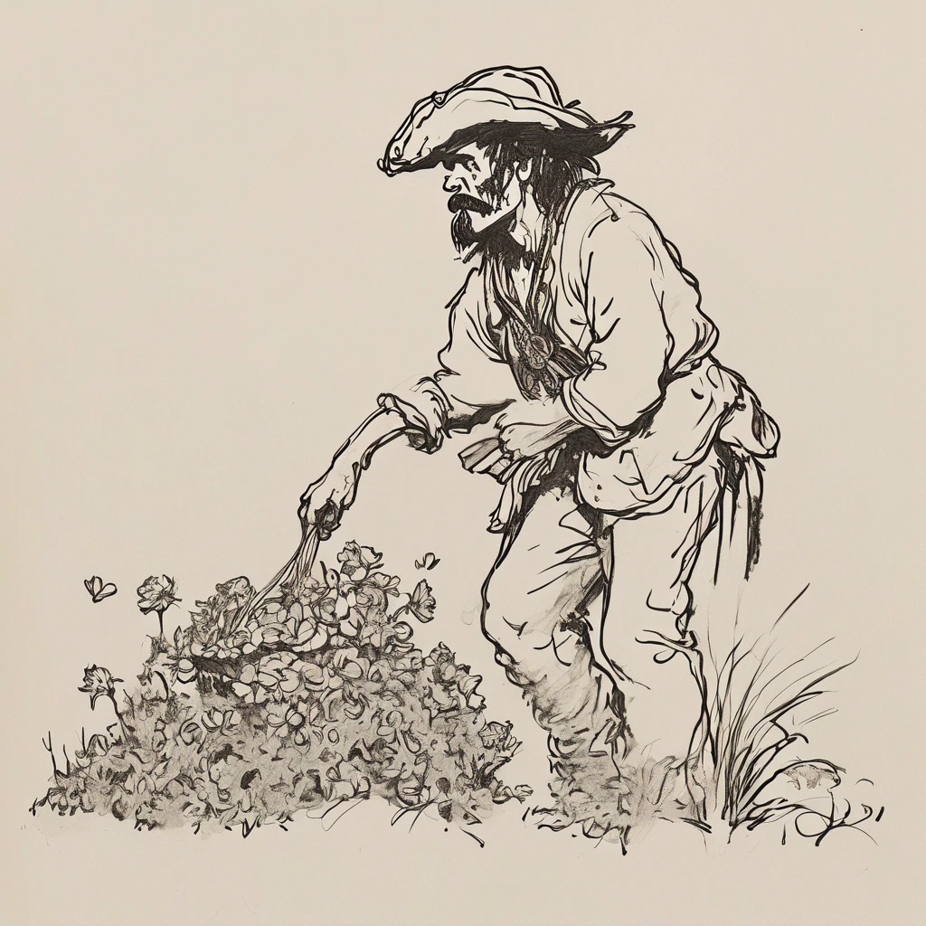 black and white drawing of a pirate finding a treasure made of flowers