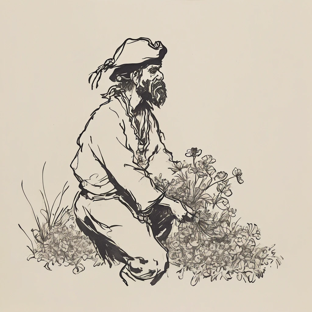 black and white drawing of a pirate finding a treasure made of flowers