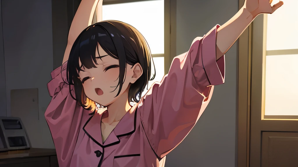 While yawning、He is stretching with both arms raised up。Sleepy face、Dressed in pajamas。girl