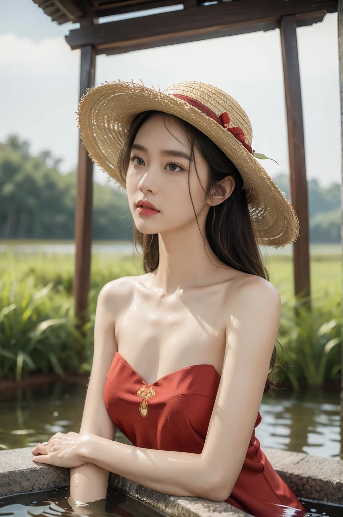 (((best quality))),(((ultra detailed))),(((masterpiece))),illustration,1 beautiful girl,slim,straw hat,shiny skin,dark Bronze colored skin,sweat,wet,flat chest,short Embroidered red cheongsam,bare arms,sitting in the Paddy pool filled with Rice seedlings,upper body,elegant, clear sky, sunlight, dreamy, contrast, natural,Chinese rural landscape,The body below the neck is in water