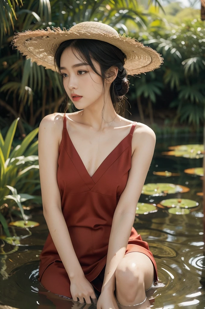 (((best quality))),(((ultra detailed))),(((masterpiece))),illustration,1 beautiful girl,slim,straw hat,shiny skin,dark Bronze colored skin,sweat,wet,flat chest,short Embroidered red cheongsam,bare arms,sitting in the Paddy pool filled with Rice seedlings,upper body,elegant, clear sky, sunlight, dreamy, contrast, natural,Chinese rural landscape,The body below the neck is in water