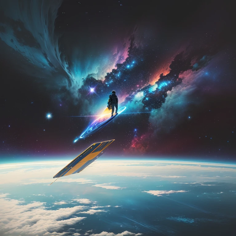 A painting,The painting shows a man standing on a slope above the ground, Space Travel, Traveling the Universe, Floating on the cosmic ocean, Floating in the universe, Floating in space, Floating in space, Collage style joseba elorza, Floating in outer space, Floating in space, floating in a cosmic nebula, Ascending the universe, Liminal Space in Outer Space