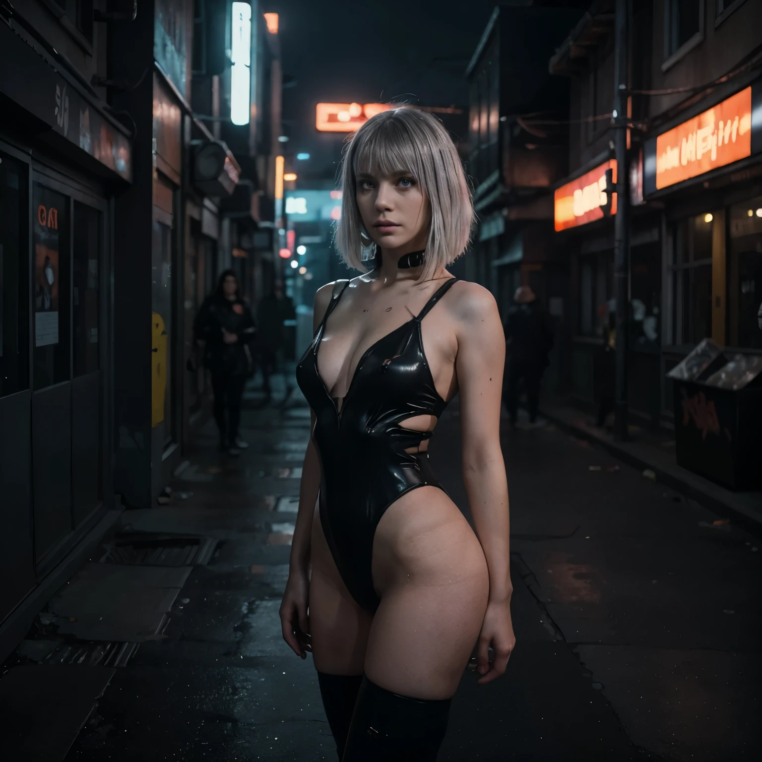 (Best Quality,hight resolution,Masterpiece, half body shot:1.2),Ultra-detailed,woman dressed in a futuristic leotard,sickly,standing in cyberpunk city alley at night, she's wearing a very sexy and futuristic high waisted thong leotard, cyberpunk city in at night in the background, very high waisted leotard, cyberpunk scenario, cyber-noir aesthetic, raining in a cyberpunk city, perfect body, sensual pose,full body shot, cyberpunk noir vibes, centered subject,gloomy ecstasy,fetish,dark gloomy atmosphere, creepy atmosphere, gritty texture,Retro-atmosphere,warped reality,melancholic expression on his face,mysterious aura,foggy atmosphere,foggy background,Subtle color palette,provocative pose,Strong emotions,Coming Out of the Depths of Despair,Piercing gaze,intense shadows,Plunged in Darkness,dark industrial aesthetic,ominous vibe,A supernatural sensation,Loss of Place in Time and Space,Eerie silence.asymmetrical bangs, freckles, white short hair, Bangs, freckles, gray eyes,