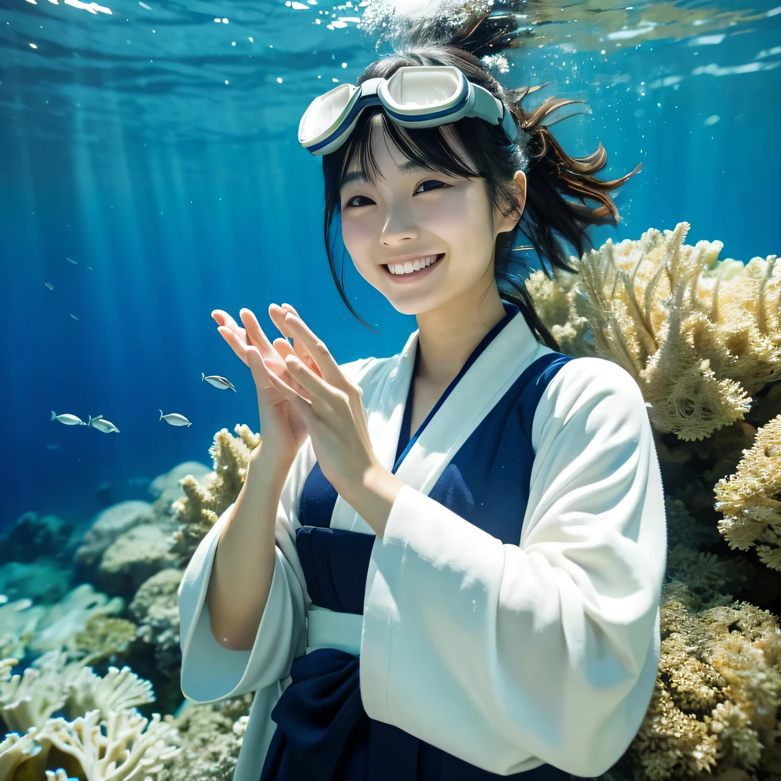 Japanese, Ama diver, woman, beautiful, smile, underwater goggles, white kimono, holding seaweed in hand, sea