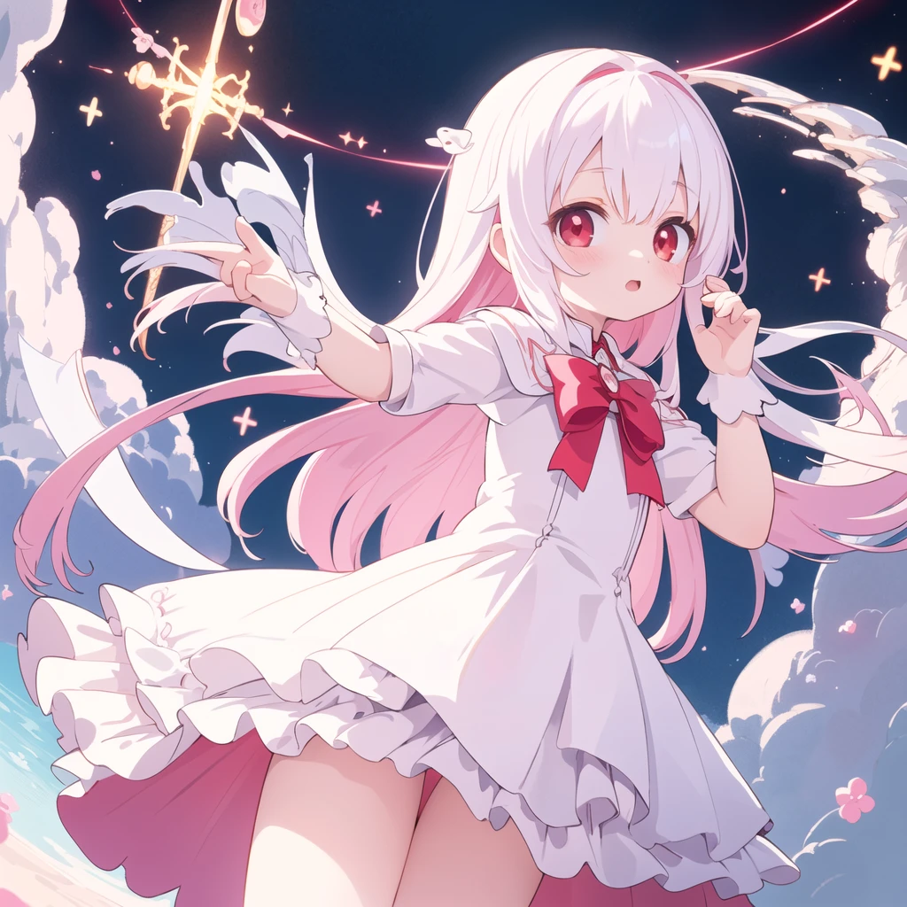 beautiful illustration, best quality, cute petit girl, (transform sequence), transform magical girl, chibi, white magical girl, fractal art, albino, babyface, long pure white and red mesh hair, beautiful detailed red eyes, cinematic lighting, cowboy shot, looking at viewer, from bottom, happy