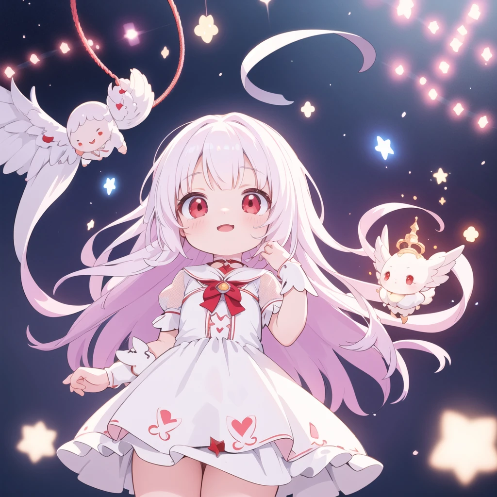 beautiful illustration, best quality, cute petit girl, (transform sequence), transform magical girl, chibi, white magical girl, fractal art, albino, babyface, long pure white and red mesh hair, beautiful detailed red eyes, cinematic lighting, cowboy shot, looking at viewer, from bottom, happy