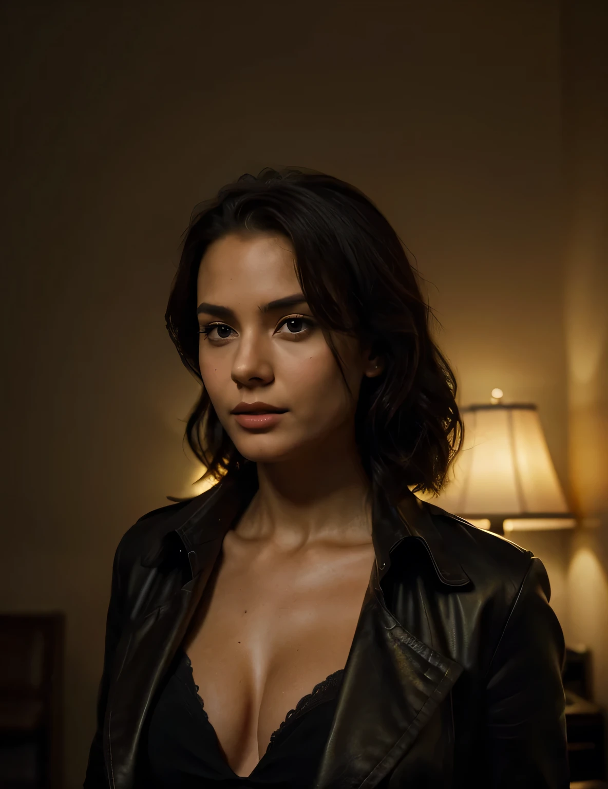 (Best quality, Ultra-detailed, Golden ratio, Masterpiece: 1.3), Noir-inspired lighting: 0.8, Photo of a woman, portrayed as a detective, donning a sharp and stylish trench coat and fedora. Perfect rare face, (Highly detailed skin), short, wavy hair with a sleek, polished look. She stands confidently in a dimly lit room, silhouetted by the faint light from a single, hanging bulb. Her eyes, sharp and piercing, are focused intently on a clue on the table before her. The texture of her skin is smooth and flawless, exuding an air of sophistication and