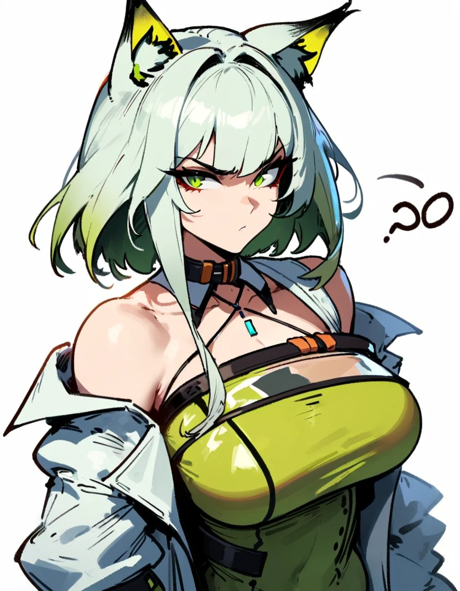 1girl, kal'tsit \(arknights\), arknights \\\\\ masterpiece, best quality, very aesthetic, absurdres, newest \\\\\\ slim body,///// ,by nyantcha,cutesexyrobutts , by khyle,,////// ,,,, , ,,detailed face, , ,, , , , , beautiful face, (white background:1.2), , sexy, , serious.angry, green eyes, animal ears, , ,,,big tits,), in the center of the frame,,, ,wears a lab coat, ,full body , solo