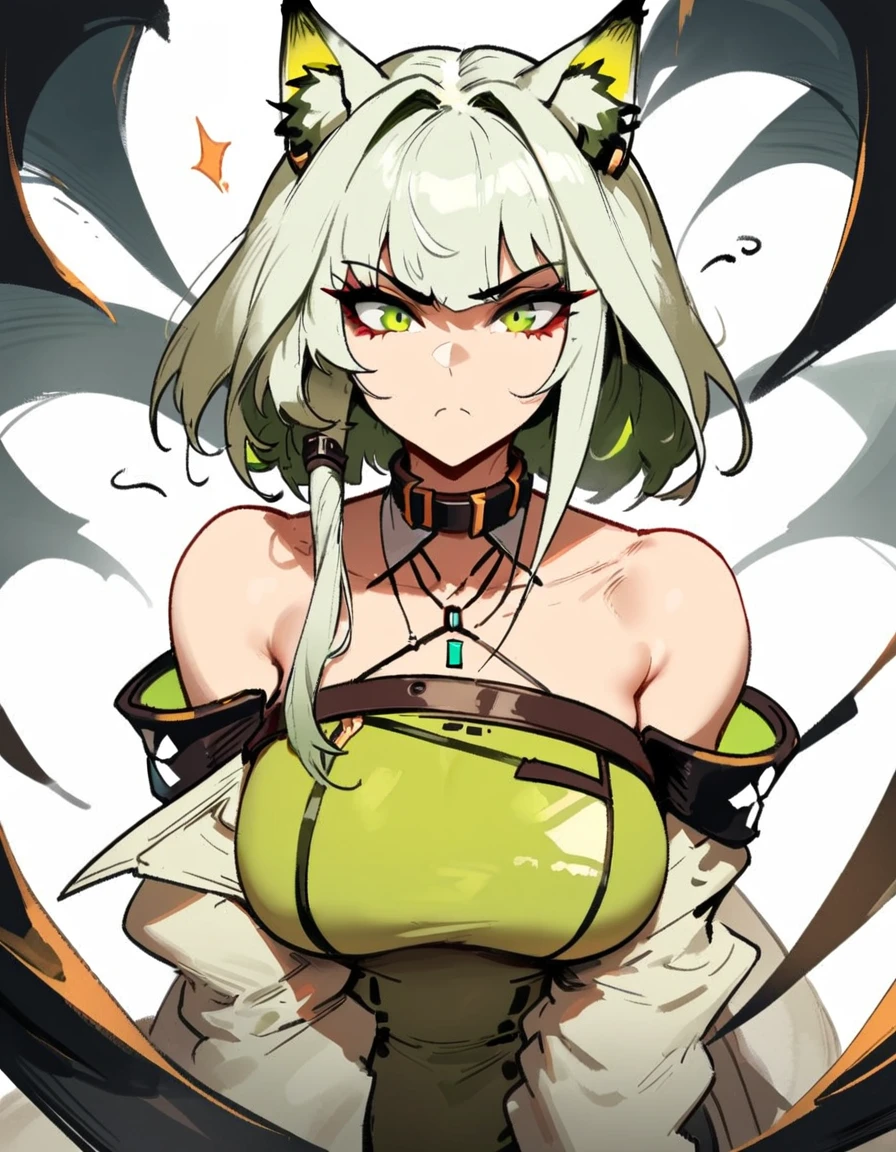 1girl, kal'tsit \(arknights\), arknights \\\\\ masterpiece, best quality, very aesthetic, absurdres, newest \\\\\\ slim body,///// ,by nyantcha,cutesexyrobutts , by khyle,,////// ,,,, , ,,detailed face, , ,, , , , , beautiful face, (white background:1.2), , sexy, , serious.angry, green eyes, animal ears, , ,,,big tits,), in the center of the frame,,, ,wears a lab coat, ,full body , solo