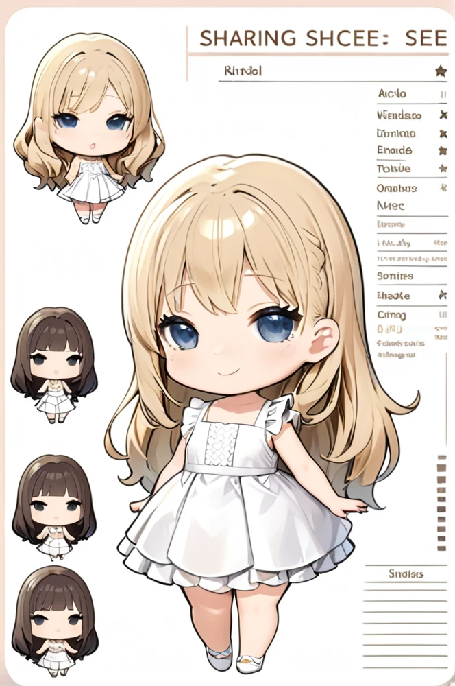 Character sheet, white background, chibi, female, long hair, wearing dress, cartoon style, high quality, high resolution