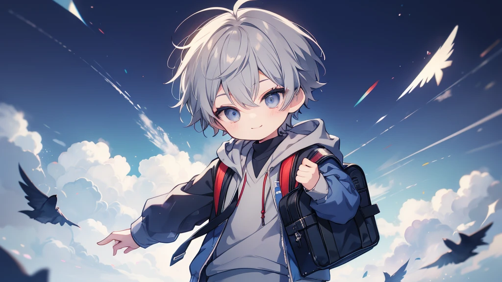 One **********、Primary school students、Highest quality, Tabletop, Beautiful Face、hoodie、Long trousers、Gray Hair、short hair、whole body、smile、smile、Carrying a school bag、School Background、