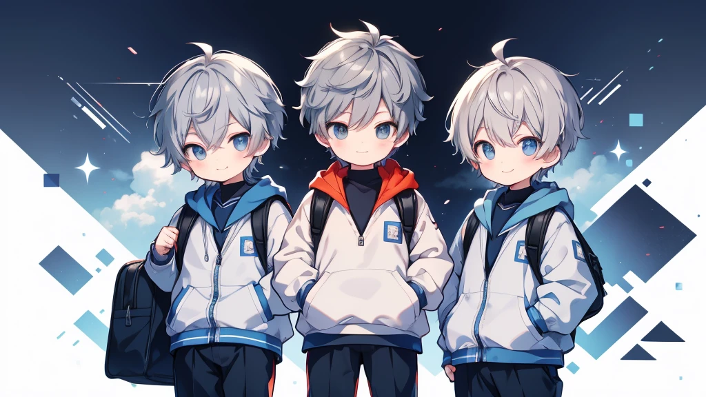 One **********、Primary school students、Highest quality, Tabletop, Beautiful Face、hoodie、Long trousers、Gray Hair、short hair、whole body、smile、smile、Carrying a school bag、School Background、