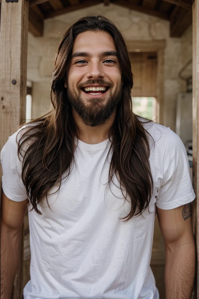 Jesus christ, son of god, bold hair, beard, perfect face, laughing.