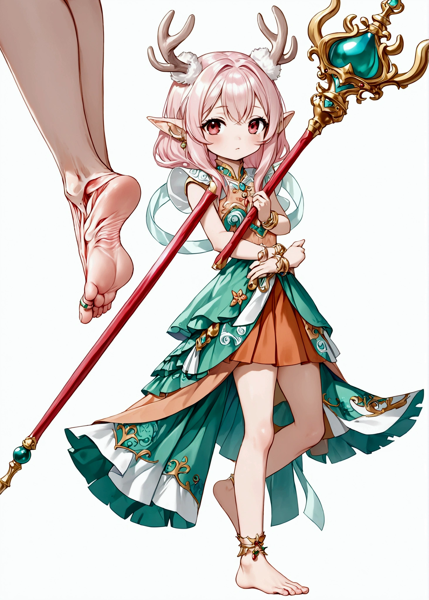 Cartoon anime style，beautiful girl，Fluffy pink hair，antlers，Elf ears，orangeskirt，Scepter，Standing barefoot，Foot ring。(((Correct human anatomy)))