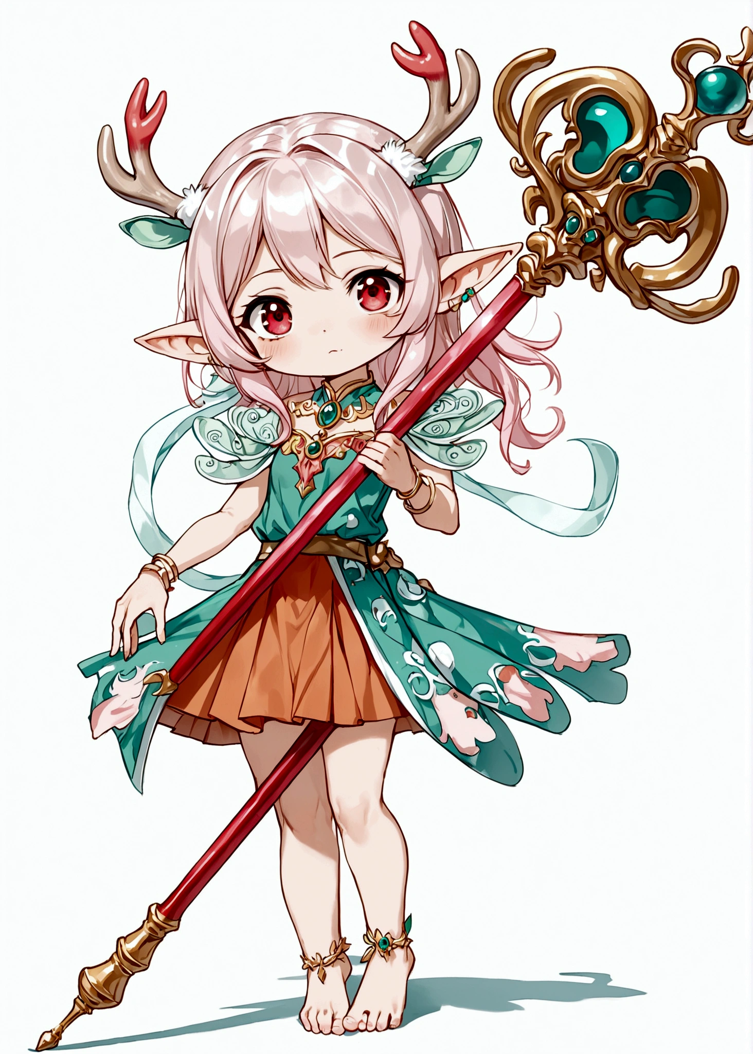 Cartoon anime style,beautiful girl,Fluffy pink hair,antlers,Elf ears,orangeskirt,Scepter,Standing barefoot,Foot ring。(((Correct human anatomy)))