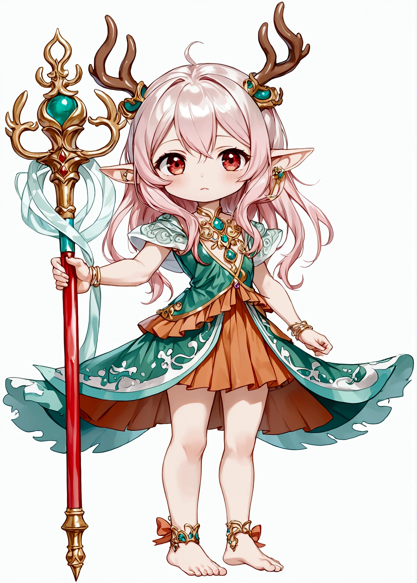 Cartoon anime style，beautiful girl，Fluffy pink hair，antlers，Elf ears，orangeskirt，Scepter，Standing barefoot，Foot ring。(((Correct human anatomy)))