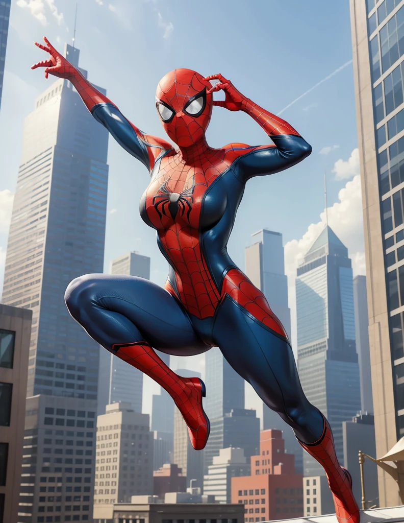 A bald girl，Female Spider-Man，Wearing Spider-Man mask，No hair，no hair, Red tights mesh pattern，Jumping between skyscrapers，Full figure，huge breasts, huge ass, Camel toe，sexy uniform, Light and shadow effects，Fine image quality，excellent work，8K