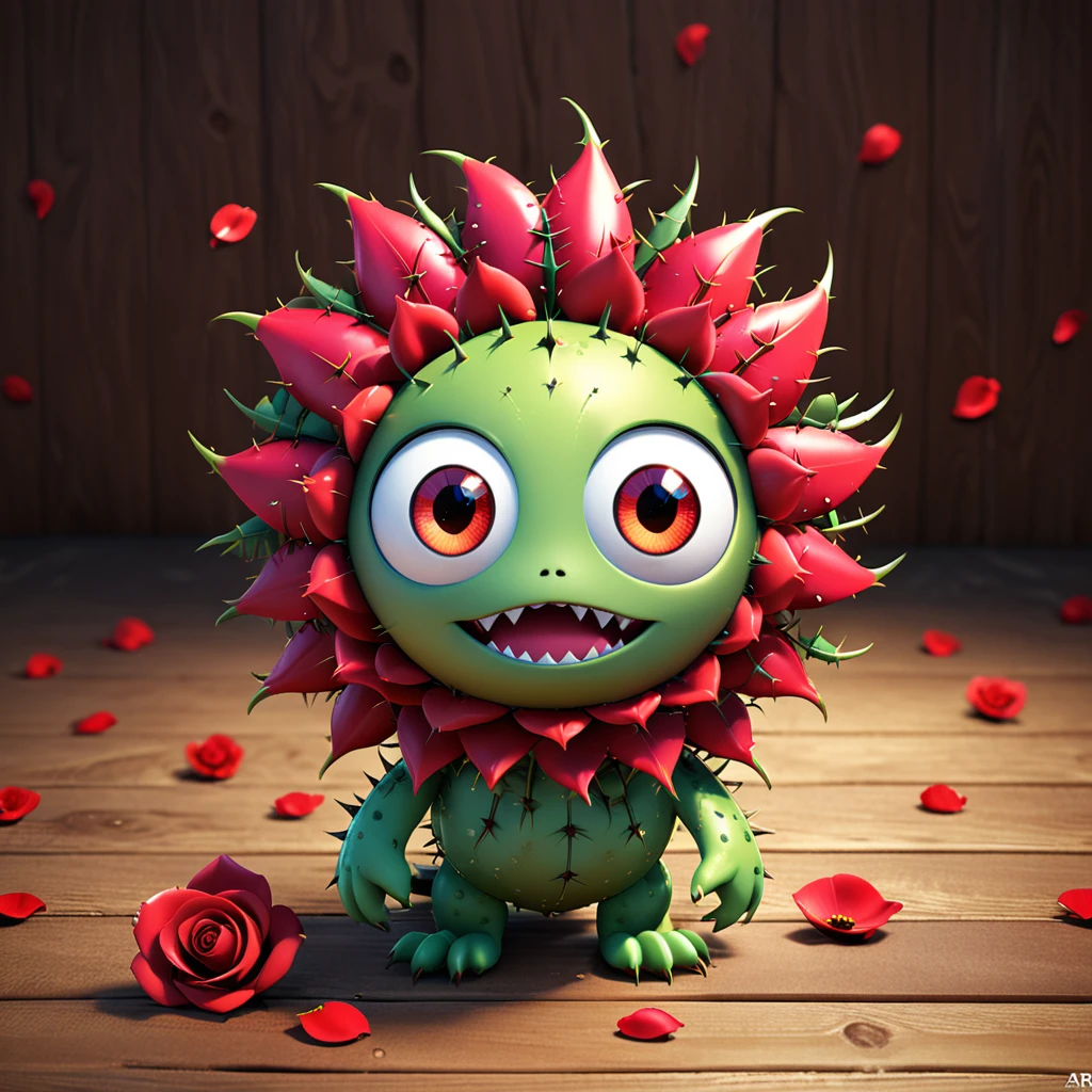 A cute rose monster with big eyes and a pleasant aroma, adorned with soft thorns and vibrant red petals. The cartoon character is designed in the style of Pixar animation studio, created using C4D software. It has a lovely fragrance and a charming expression, perfect for a whimsical touch to your mobile phone wallpaper. --ar 1:1 --v 6.0 --3D render