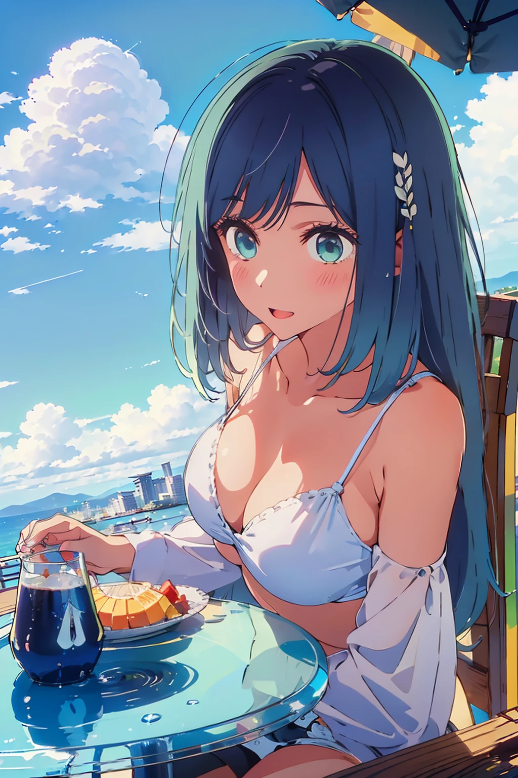 (Highest quality:1.4、8K:1.4、detailed)、F cup bust、Big Breasts、Slim body、Very white beautiful skin、((((1 person、Surprised expression、sit、Chair、In the background are the urban buildings of Tokyo、looking at the camera、Outdoor café terrace、coastal、Navy hair color、juice、White side string high leg bikini、Shooting up close、Shooting from an angle、table、Very cute face))))、(両手でjuiceを持つポーズ:1.4)、Very blue sky、A completely cloudless sky