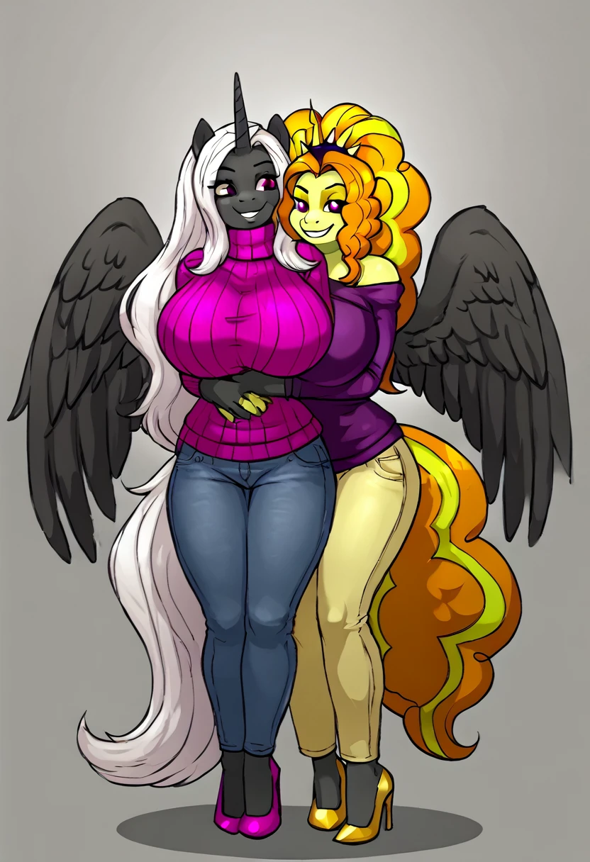 Alicorn princess female and Adagio Dazzle , white mane, ,black body color long flowing mane pink eyes anthro huge breasts smiling ,clothing ,jeans sweater lesbians sexy high heels hugging ,