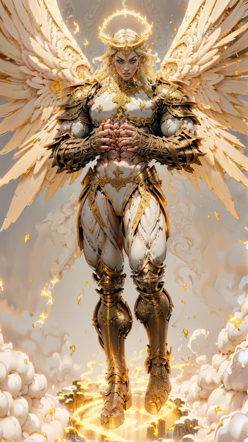 (cara delevingne), ((((((1 muscular angel girl)))))), (((huge upper body))), long hair, ((((huge angelic wings))), (((intricate ornate angelic full body armor))), ((((full body front view)))), (((perfect hands, perfect fingers))), (((empty background)))