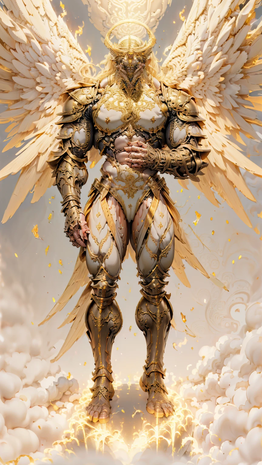 (cara delevingne), ((((((1 muscular angel girl)))))), (((huge upper body))), long hair, ((((huge angelic wings))), (((intricate ornate angelic full body armor))), ((((full body front view)))), (((perfect hands, perfect fingers))), (((empty background)))
