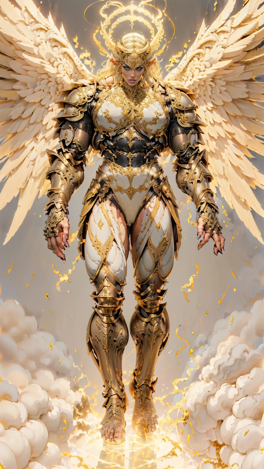 (cara delevingne), ((((((1 muscular angel girl)))))), (((huge upper body))), long hair, ((((huge angelic wings))), (((intricate ornate angelic full body armor))), ((((full body front view)))), (((perfect hands, perfect fingers))), (((empty background)))
